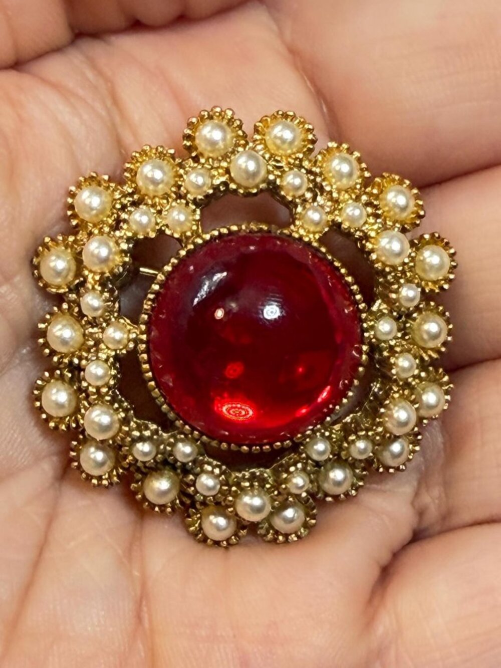 Red Cabochon Brooch Faux Pearl Gold Tone Vintage Style 1.5 inches